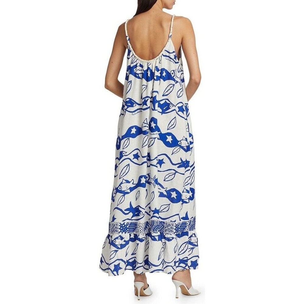 Farm Rio X Alberto Pitta Waves Sleeveless Dress Rope Scoopneck Size M Blue White - Picture 4 of 8